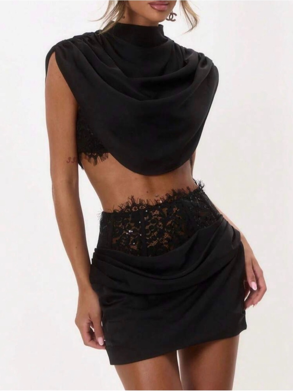Black Satin Lace Cape Top and Skirt